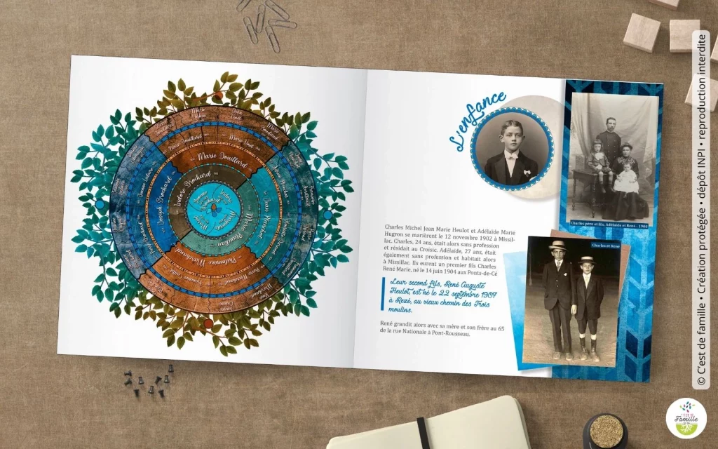 Double page d’un livre mémoire familial avec photos anciennes