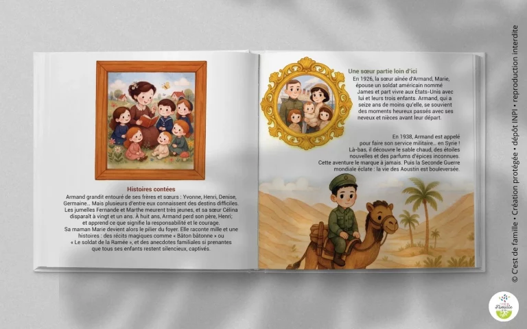 Livre généalogique jeunesse personnalisé avec photos et récits familiaux