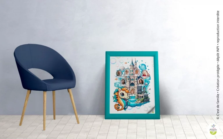 Arbre généalogique illustré pour enfant avec univers coloré et familial