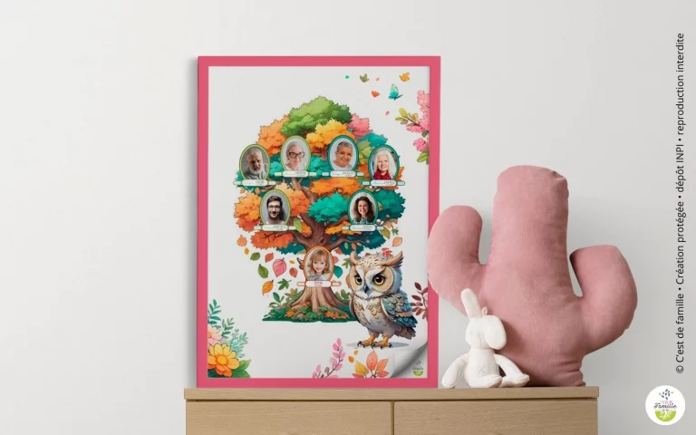Arbre généalogique illustré pour enfant avec univers coloré et familial