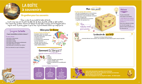 Double page d’activités du cahier Mission famille pour explorer les souvenirs familiaux