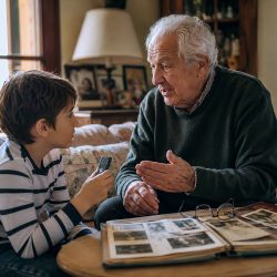 Enfant recueillant les souvenirs de son grand-père